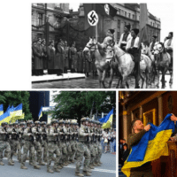 Top: Parade in Stanislav (Ivano-Frankivsk) during the visit of Reichsleiter Hans Frank, Governor of Poland, 1943. Left: Azov Regiment, Mariupol parade, 2021. Right: Zelensky at the US Congress, Dec. 2022. (Image by Wikimedia)